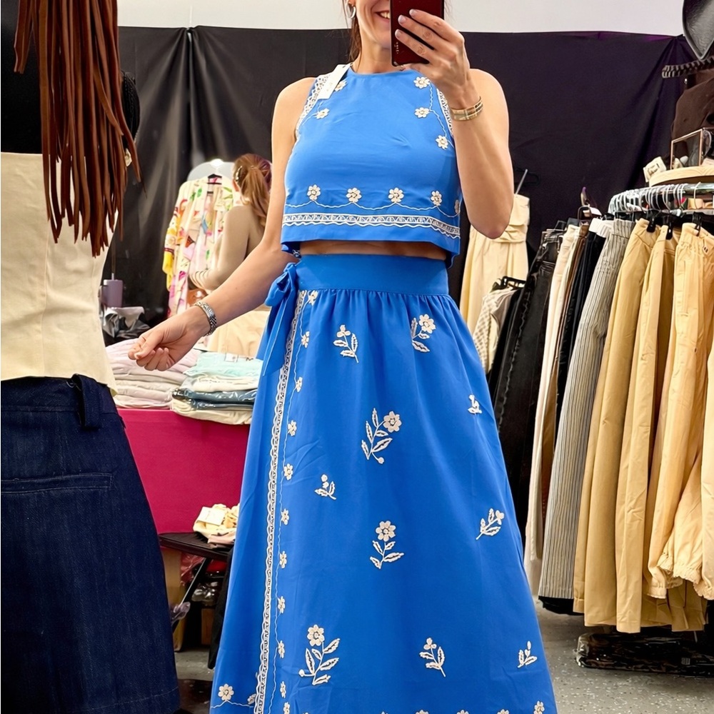 Blue Floral Embroidered Two-Piece Set